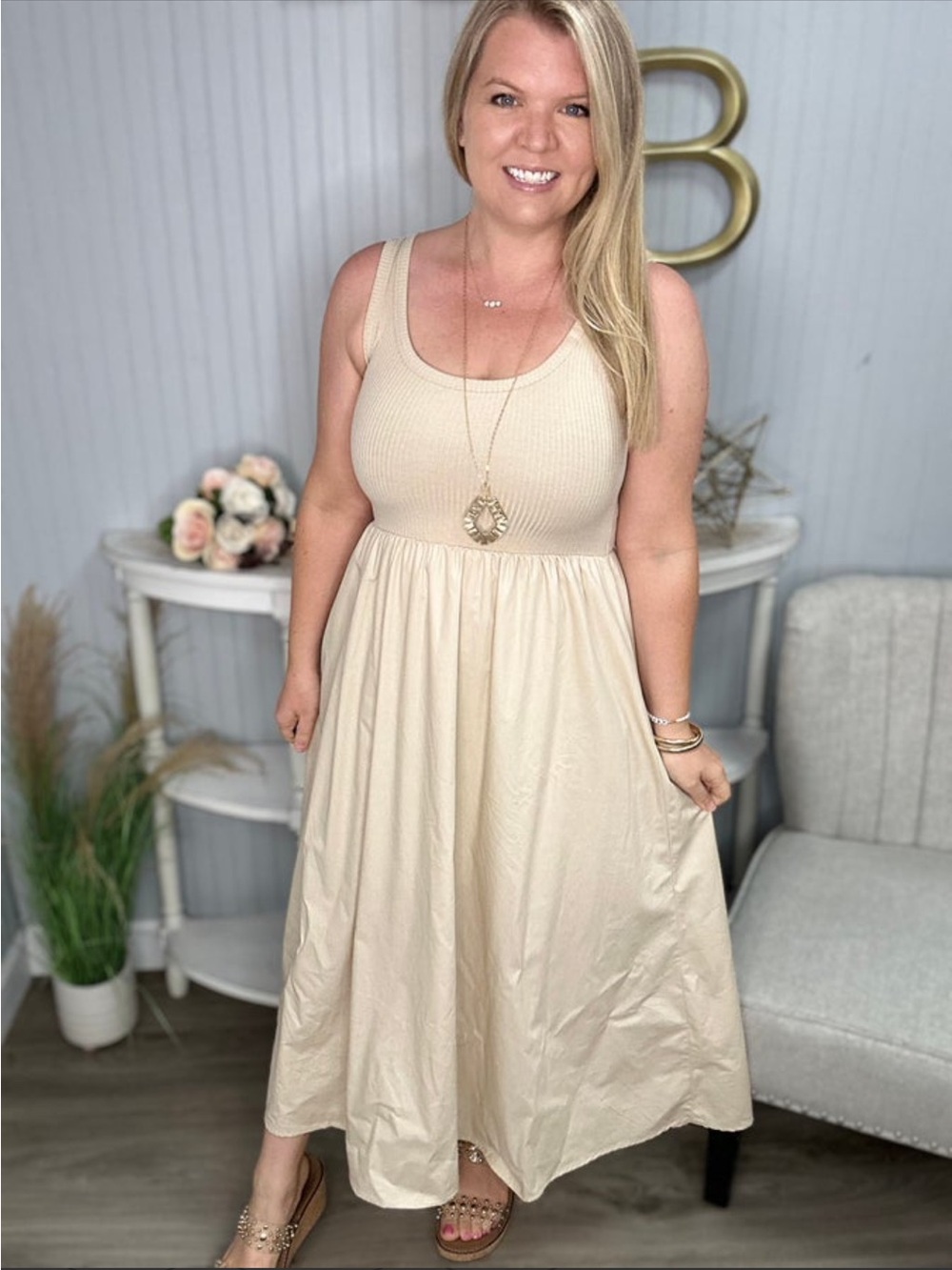 Sleeveless Beige Maxi Dress - Classic Summer Knit Bodice